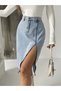 Women's Stone Front Slit Zipper Detail Black Denim Skirt - 4