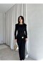 Black Long Sleeve Draped Padded Sun Dress – Brooch Accessory, Stylish Event and Evening Dress 7537 - 4