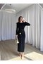 Black Long Sleeve Draped Padded Sun Dress – Brooch Accessory, Stylish Event and Evening Dress 7537 - 5