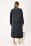 Women's Plus Size Navy Blue Patterned Long Sleeve Zippered Cotton Velvet Dress - 4
