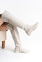 Beige Leather Rider Over-The-Knee Short Heeled Non-Slip Sole Zippered Bihter Women's Boots - 3