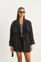 Women's Black Kruaze Collar Aller Detailed Epaulet Belted Pocketed Suede Trench Coat 99007 60283661 - 5