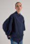 Women's Navy Blue Pleated Pocket Detailed Oversize Shirt 30062 - 5