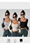 Women's Ribbed Knitted Fabric 3-Pack Gray-Black-Beige Long Sleeve Bodysuit
