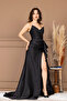 Organza Satin Back Drawstring Long Evening Dress - Black - 6