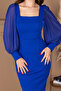 Crepe Square Neck Pencil Long Dress - Cobalt Blue - 2