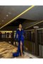 Flexible velvet fabric double breasted neckline shoulder stone embroidered belt detailed evening dress 583094 cobalt blue - 2