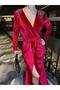 Stretchy Velvet Fabric Double-Breasted Collar Shoulder Stone Embellishment Belt Detail Evening Dress 583094 RED - 4