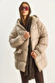 Women's Beige Hooded Oversize Bat Sleeve Puffer Coat 60283686 - 2