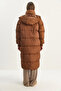 Women's Brown Hidden Hooded Pocket Detailed Long Lined Puffer Coat 4044 60283683 - 7