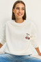 Women's White Crew Neck Cherry Stone Embroidered Three Yarn Threaded Sweatshirt 60601047
