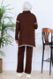 Zippered Collar Stripe Detail Knitwear Set S1061 Brown - 4