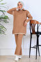 Zippered Collar Stripe Detail Knitwear Set S1061 Mink