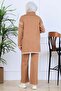 Zippered Collar Stripe Detail Knitwear Set S1061 Mink - 4