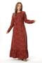 Long Sleeve Suede Flannel Buttoned Daisy Pattern Autumn and Winter Long Dress Burgundy Brd