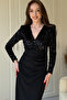 Sequined V-Neck Glittery Padded Elegant Black Midi Dress