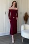 Off-The-Shoulder Midi Burgundy Dress with Gold Accessories and Waist Detail - 5