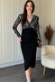 Sequined V-Neck Glitter Padded Elegant Midi Dress - 5