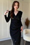Sequined V-Neck Glittery Padded Elegant Black Midi Dress - 4
