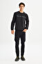 L242499001 Black Men's Crew Neck Black Stripe Striped Sweatshirt with Fleece Inside - 2