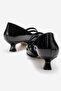 Women's 2-Strap Heeled Shoes; Black Patent Leather - 4