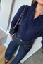 Women's Polo Neck Hair Braided Knitwear Sweater Navy Blue - 2