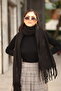 Women's Black Soft Textured Knitted Tassel Scarf (190X50 cm)