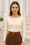 Women's Beige Boat Neck Long Sleeve Blouse