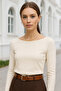 Women's Beige Boat Neck Long Sleeve Blouse - 6