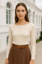 Women's Beige Boat Neck Long Sleeve Blouse - 4