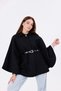 Women's Black Boucle Fabric Buckle Waist Detailed Stylish Poncho – Warm and Trendy Winter Outerwear - 6