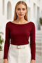 Women's Burgundy Boat Neck Long Sleeve Blouse