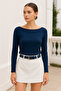 Women's Navy Blue Boat Neck Long Sleeve Blouse - 5