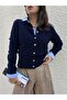 Women's Navy Blue Hair Knit Stone Buttoned Short Cardigan 30033