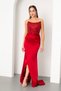 Women's Burgundy Balen Corset Detailed Stoned Long Evening Dress - 3