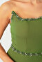 Women's Khaki Strapless Neckline Stone Pleated Long Evening Dress - 5