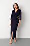 Women's Navy Blue Slim Fit Double-Breasted Collar Accessory Detail Midi Dress