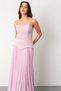 Women's Powder Pink Strapless Neck Stone-Detailed Pleated Long Evening Dress - 3