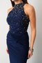 Women's Navy Blue Slim Fit Halter Neck Rhinestone Long Evening Dress - 4