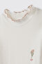 Girl's Ecru T-Shirt with Embroidered Long Sleeves and Stitched Collar and Cuffs - 5