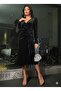 Women's Long Sleeve Double Breasted Collar Side Gathered Midi Velvet Dress - 2