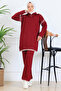 Zippered Collar Stripe Detail Knitwear Set S1061 Claret Red