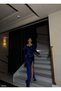 Slit detailed long sleeve velvet dress 582294 cobalt blue