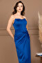 Saten Ruched Detail Strapless Long Evening Dress - Cobalt Blue - 4
