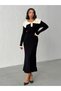 Women's Black Peter Pan Collar Pearl Button Ruffled Long Knit Dress - 3