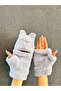 Plush Embroidered Cat Gloves with Open Fingers and Fur Inside - 3
