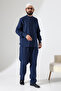 Men's Muslin Hakim Collar Shirt with Pockets and Pants Two-Piece Set, Hajj Umrah Outfit - Navy Blue (Ans) - 7
