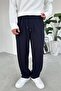 Navy Blue Elastic Waist Gabardine Baggy Trousers