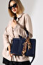 Navy Blue Women's Bag Large Size Zippered Leopard Scarf Detail - Cross Strap Shoulder and Hand Bag