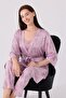 Women's Long Sleeve Lace Trimmed 3-Piece Pajama Set with Robe and Drawstring Straps - 3